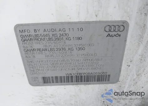 2011 Audi Q5 2.0T Premium from USA, damaged, VIN WA1CFBFP0BA059052